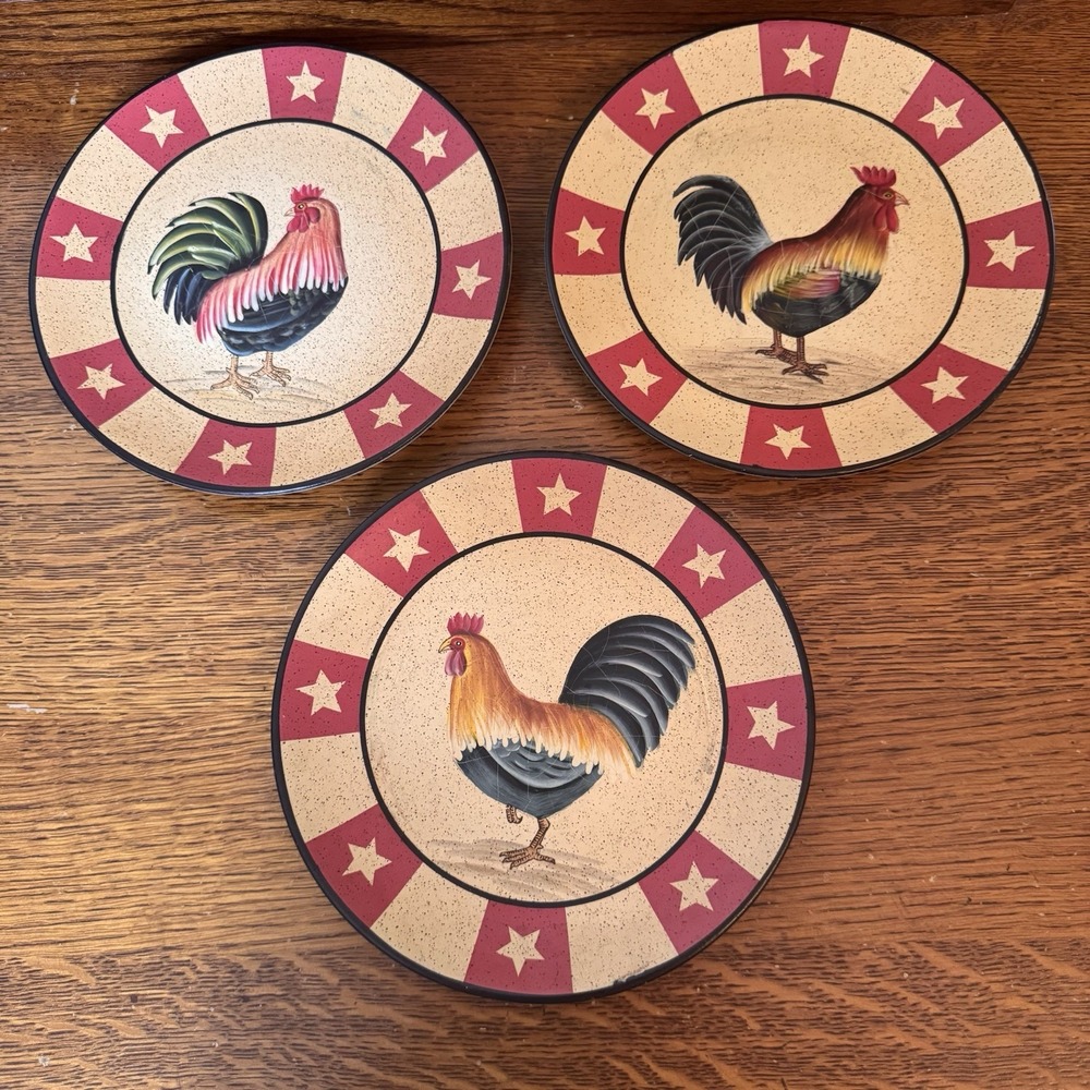 Home Interiors 2003 Rooster Plates Set of 3 Red Star Border 8" Decor Only
